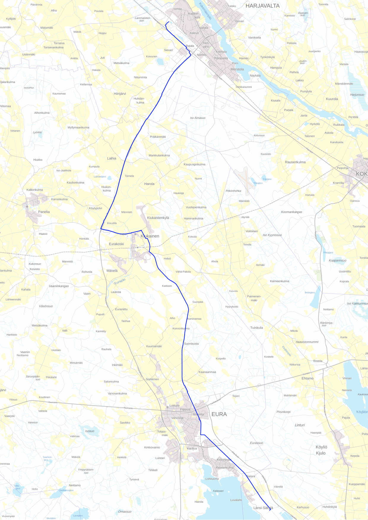 Biokaasuputkiston suunniteltu linjaus Säkylästä Harjavaltaan.